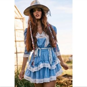 LoveShackFancy Isidore Lace Ruffle Mini Dress Cobalt New M